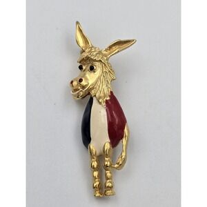 Vintage Gold tone Enamel Democratic Donkey Brooch Pin Red White Blue KK ED